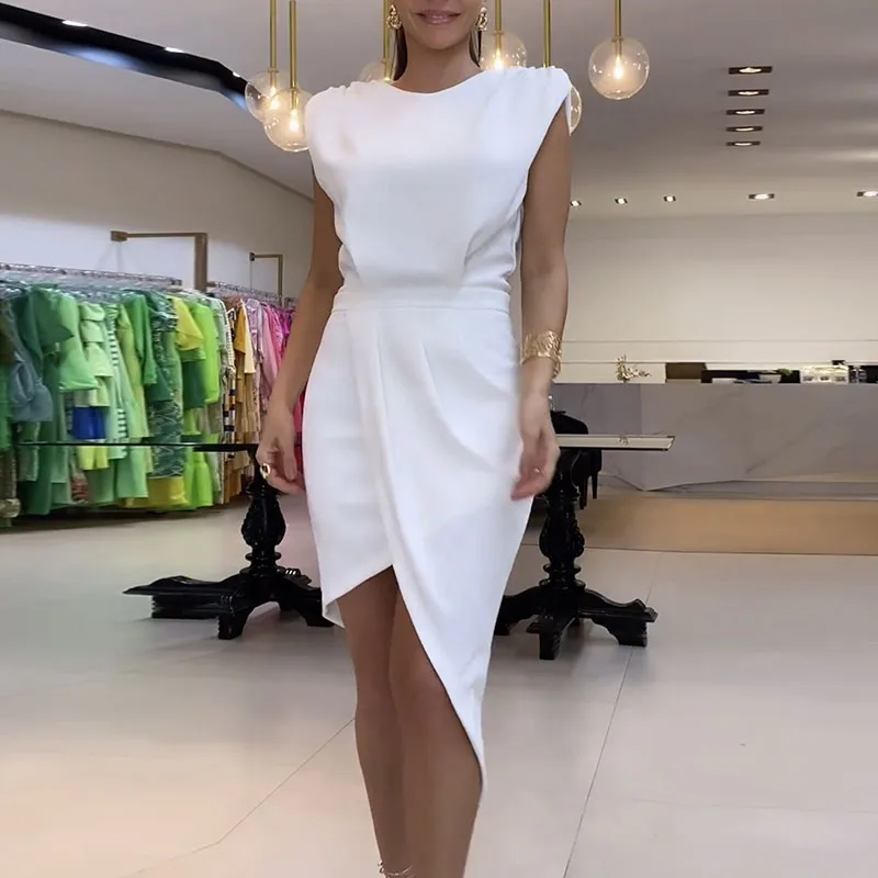 

Fashion Sleeveless Hollow Asymmetric Dress 2023 New Women's O-Neck Draped Slim A-line Dress Sexy Backless Waist Club Party Dress