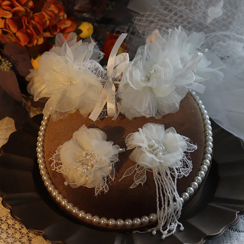 Bridal New Lace Design Headband Pearl Asymmetrical Flower Ear Clips Wedding Hairbands Set