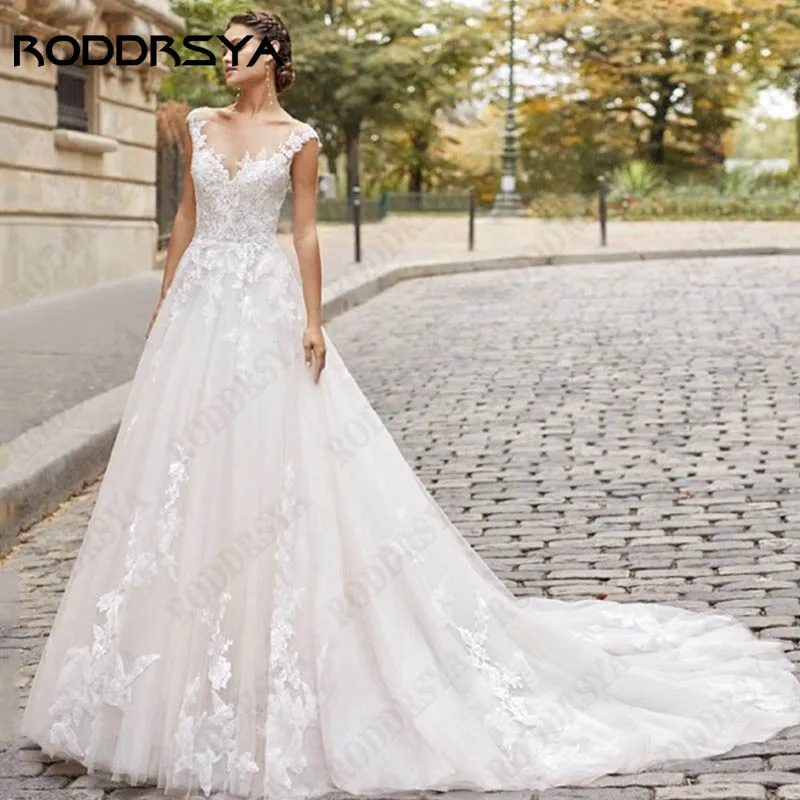 

RODDRSYA Boho Appliques Tulle Bride Gowns Cap Sleeve A-Line Wedding Dress For Women Illusion Back Button Robe Mariée Custom Made