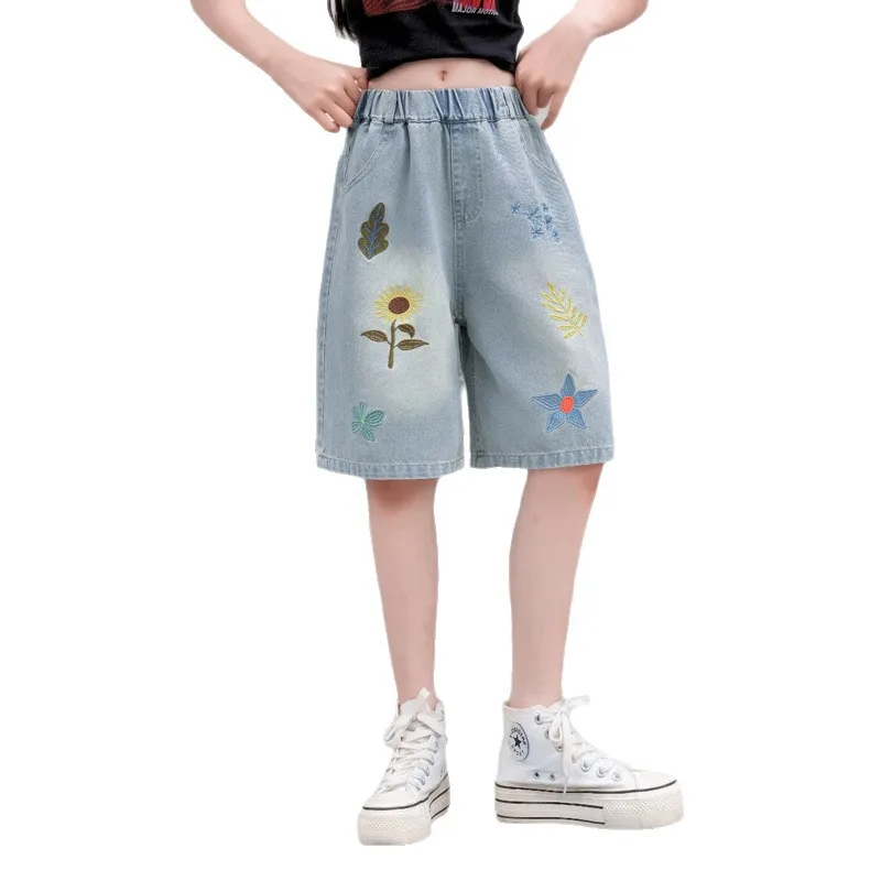 키즈 여름 레트로 블루 데님 반바지, 자수 장식, 10대 소녀 고스 힙합 포켓 하이웨이스트 슬림 니렝스 카프리
