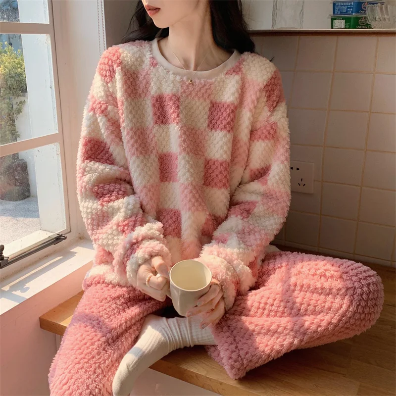 Green Little Fresh Sweet Wind Pajamas Coral Velvet Thick Thermal Pajamas Cartoon Lady Loungewear Autumn and Winter Nightwear casual fashion trend pajamas wild pure color printing sweet pajamas autumn and winter new plus velvet warm pajamas