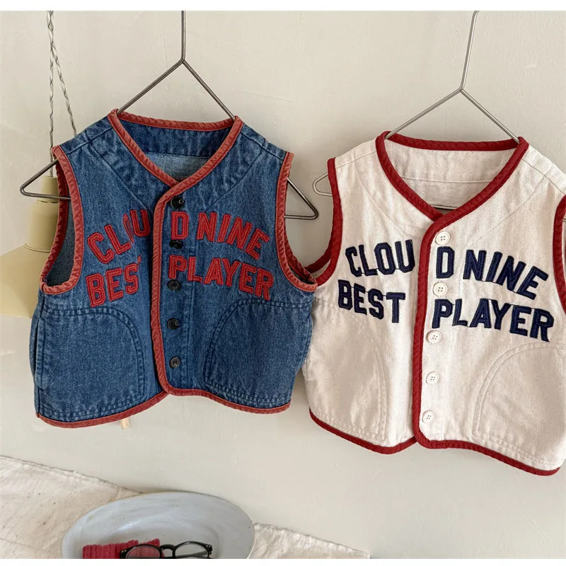 Children's Vest for Boys Girls Spring Baby Denim Vest Letter Print Girls Kids V-Neck Waistcoat Coat for children vest