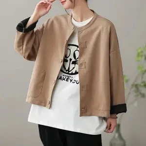 여성용 용수철 짧은 재킷, 작업복 가디건, 라운드 칼라 상의, 라지 사이즈 면 캐주얼 겉옷, 부드러운 주머니, 가을