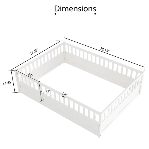 Twin Size Floor bed, integral construction with super high security barrier,wooden children's floor bed, white 6