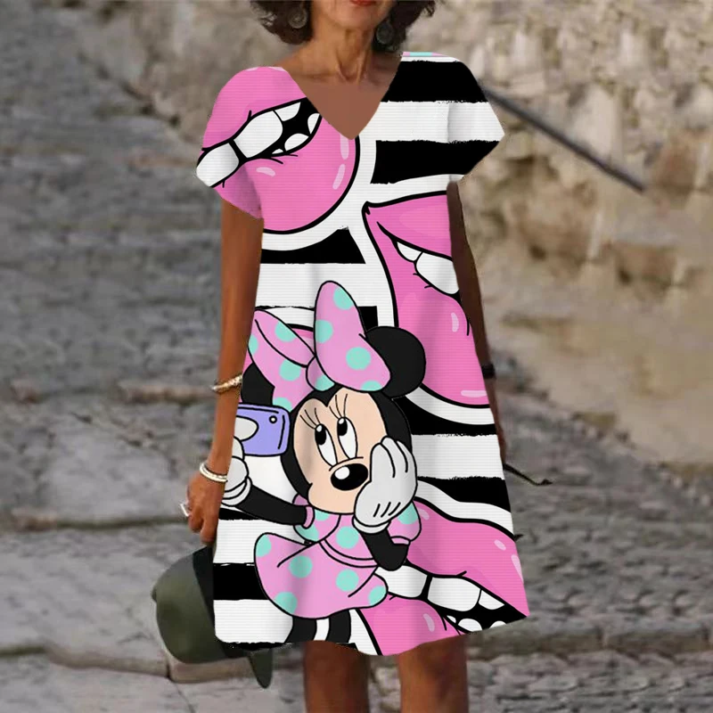 thumbnail image 1 of Vestido de manga corta con cuello en V, informal, bohemio, holgado, elegante, de verano, con estampado 3D de Disney, Minnie y Mickey Mouse, 1 of 5