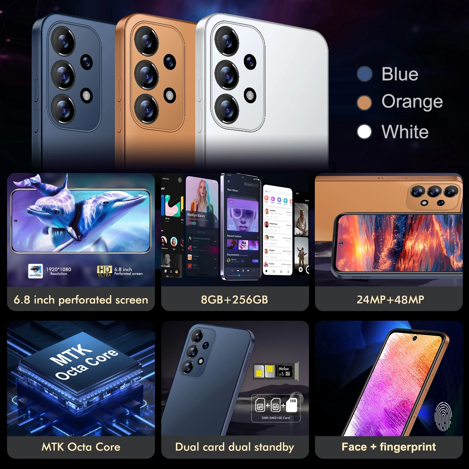 Smartphone A73 5G Phone,6.8 inch,8GB RAM,256GB 512GB ROM,Dual SIM,Mobile phone,Google Play Store,24+48MP,6800mAh,Cellphones 2