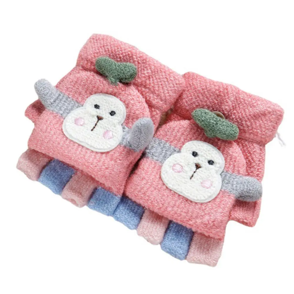 Cartoon Design Student Cold protection Kids Fingerless  Gloves Winter Warm Mittens Clamshell Half Finger Gloves Knitted Gloves