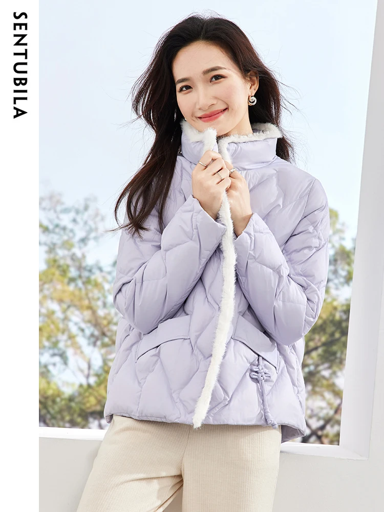 SENTUBILA Women's Crop Down Jacket 2023 Winter White Duck Stand Collar Chinese Style Short Down Coats Warm Jackets Top W34Y49506