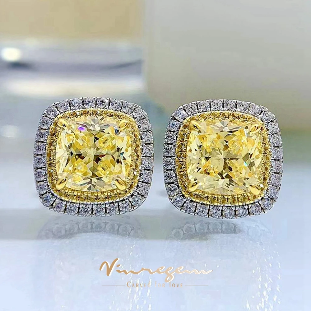 

Vinregem 18K White Gold 8*8MM Citrine Gemstone Ear Studs Earrings Classic 925 Sterling Silver Fine Jewelry For Women Wholesale