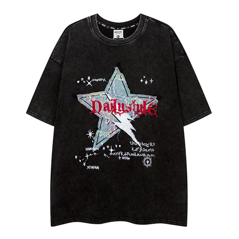 

Star Jeans Patchwork Casual T shirt Hip Hop Harakuju Streetwear Top Tees For Male Oversized Vintage