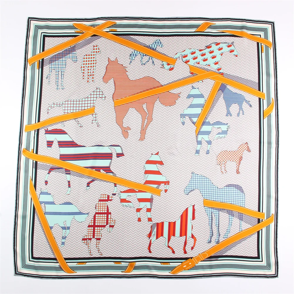 Horse Print Twill Silk Scarves Wraps Women Square Shawl Brand Hijab