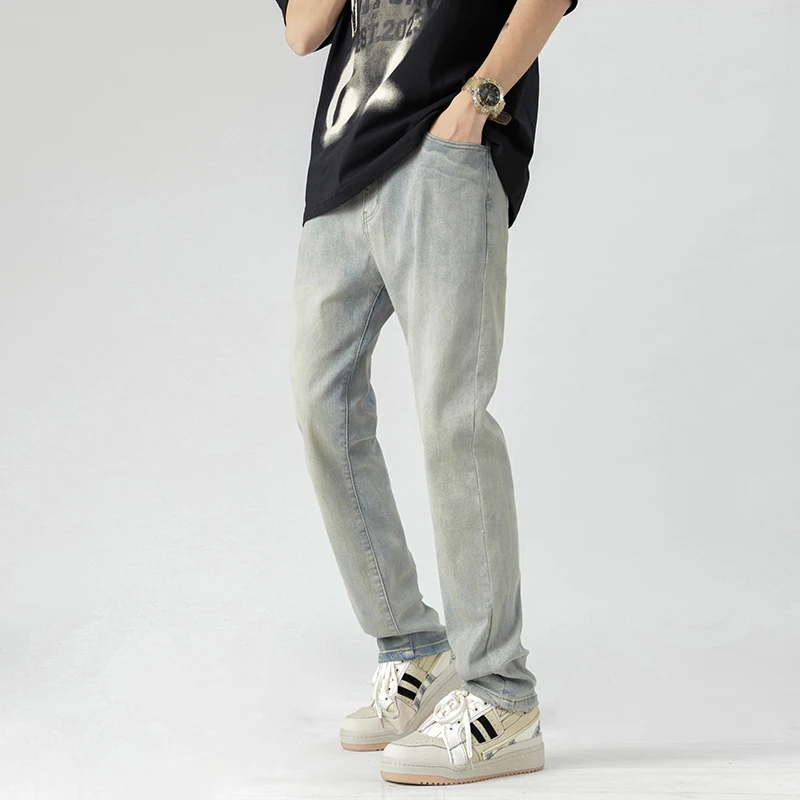 Men's Spring Autumn High Waist Button Zipper Pockets Gradient Solid Distressed Casual Loose Work Jeans Trousers Fashion Pants