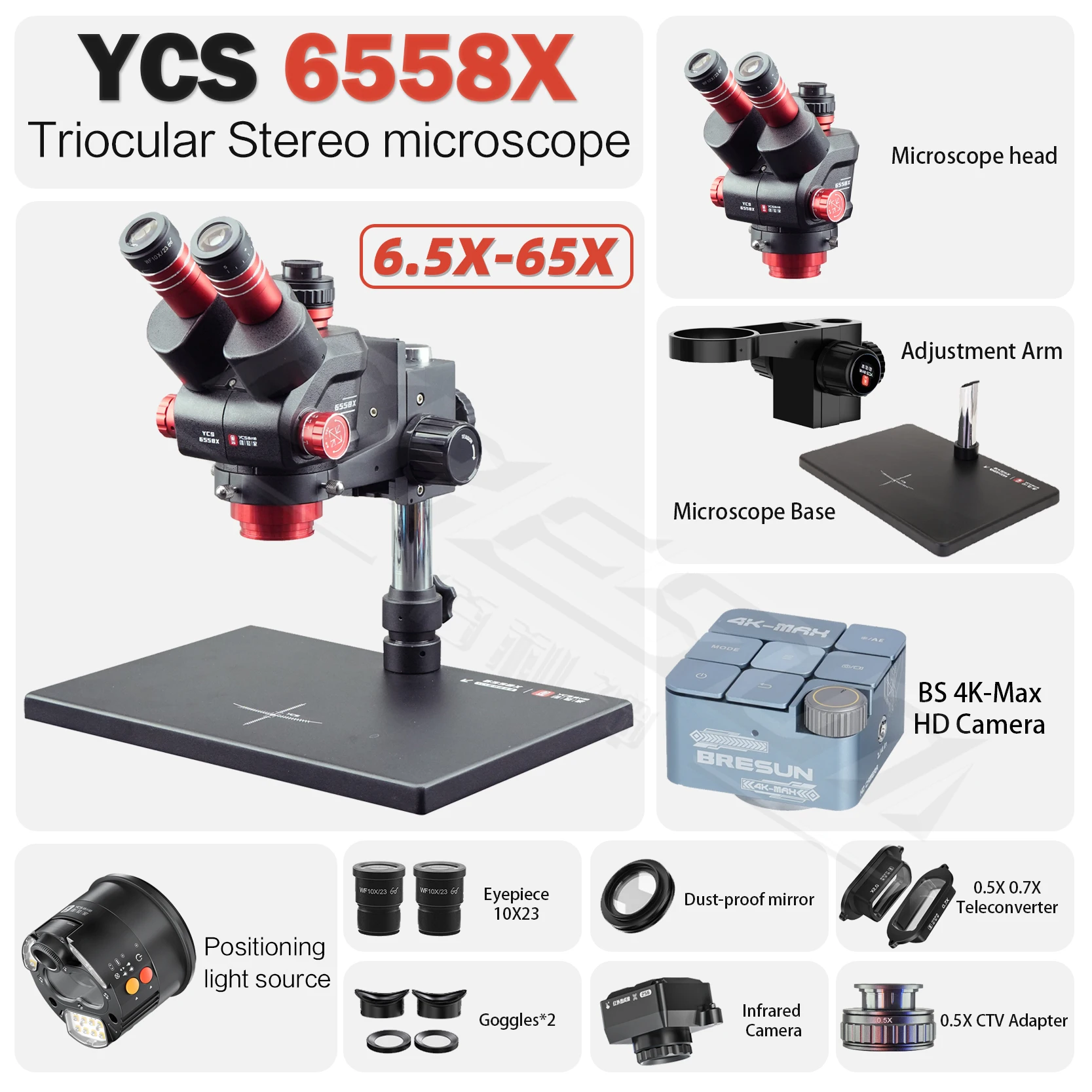 YCS 6558S 울트라 HD 삼안 현미경, 대형 베이스 6.5-58 줌 4K 카메라, 휴대 전화 PCB 용접 현미경 도구 세트