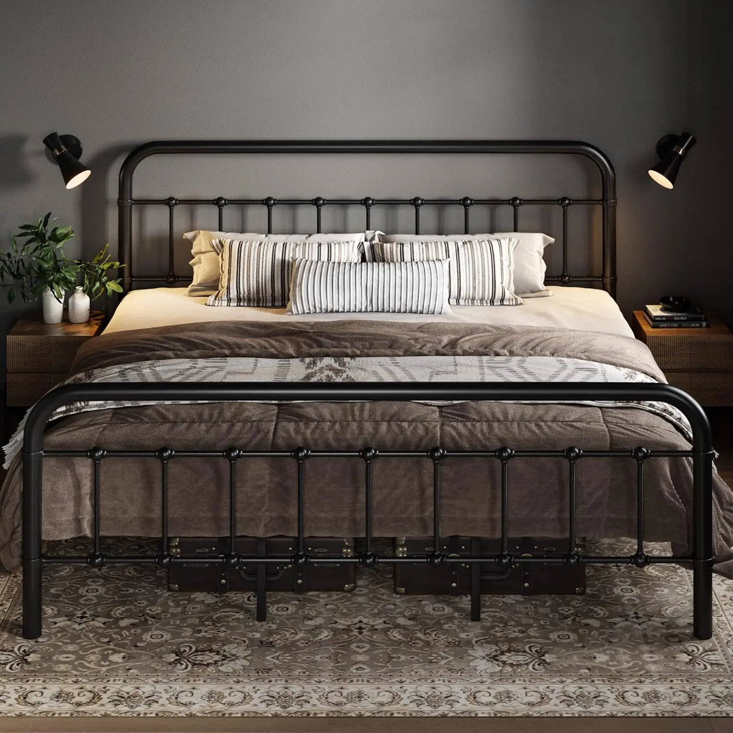 King Size Metal Platform Bed Frame with Victorian Style Wrought Iron Art Headboard Footboard No Box Spring Required
