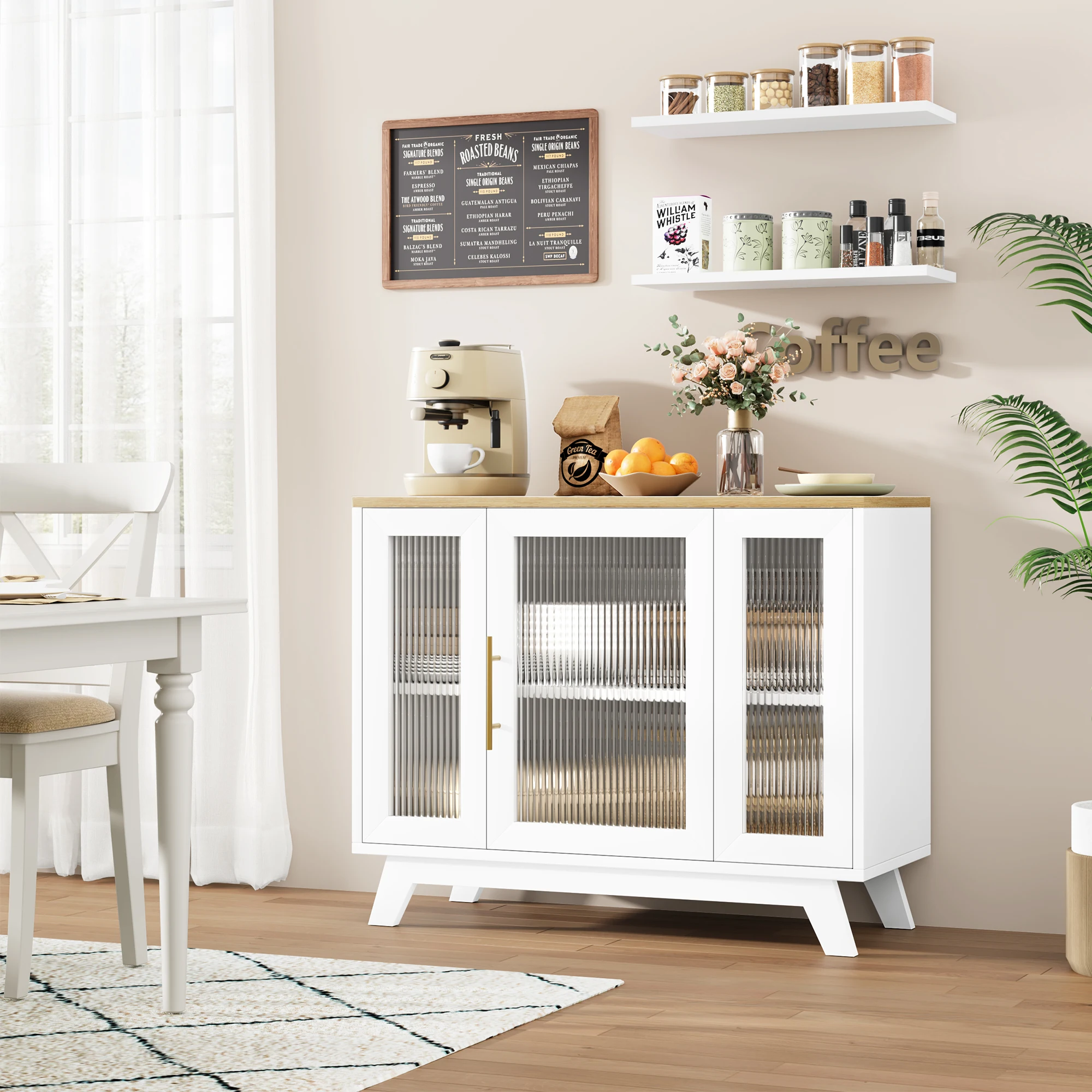 Sideboard Buffet Cabinet with Fluted Glass Door, 36" Modern Accent Storage Cabinet with 2-Tier Storage, White Coffee Bar