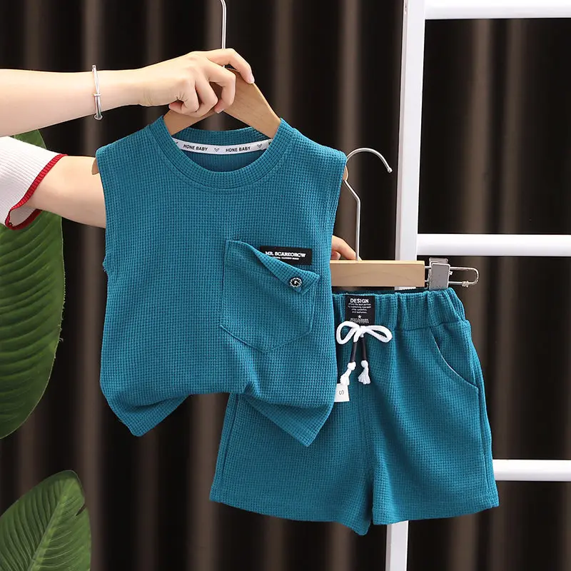 New Fashion Children Boys Girls Clothes Summer Kids O-Neck Solid Vest Shorts 2Pcs/Set Infant Kids Cartoon Toddler Tracksuits