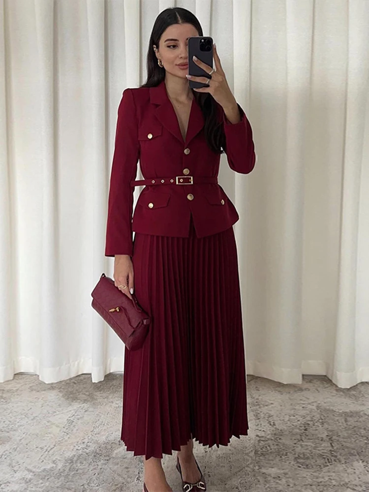 Long Dresses for Women Two Piece Dress Autumn Suit Collar Long Sleeve Pleated Skirt A-Line Slim Belt Black Dress Two-piece Set 3