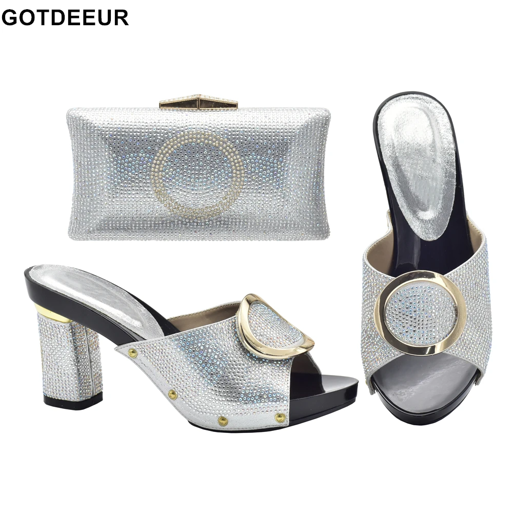 

New Silver Color Italian Shoes and Bags To Match Shoes with Bag Set Decorated with Rhinestone Nigerian Party Shoes and Bag Set