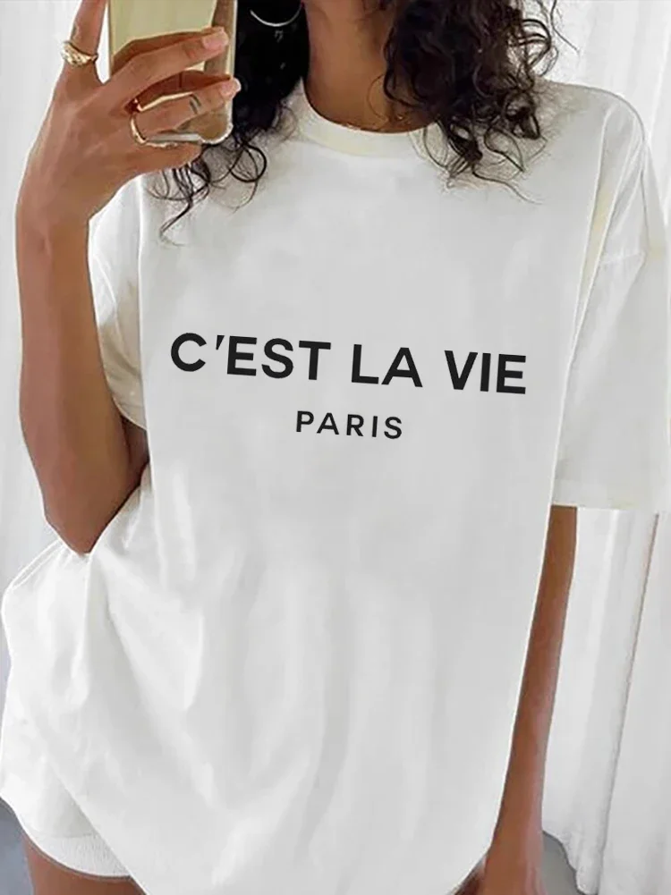 

Pattern C'est La Vie Paris T-Shirt Women's Round Neck Loose Fashion Print Summer Cute Casual Style Women's Short Sleeved T-Shirt