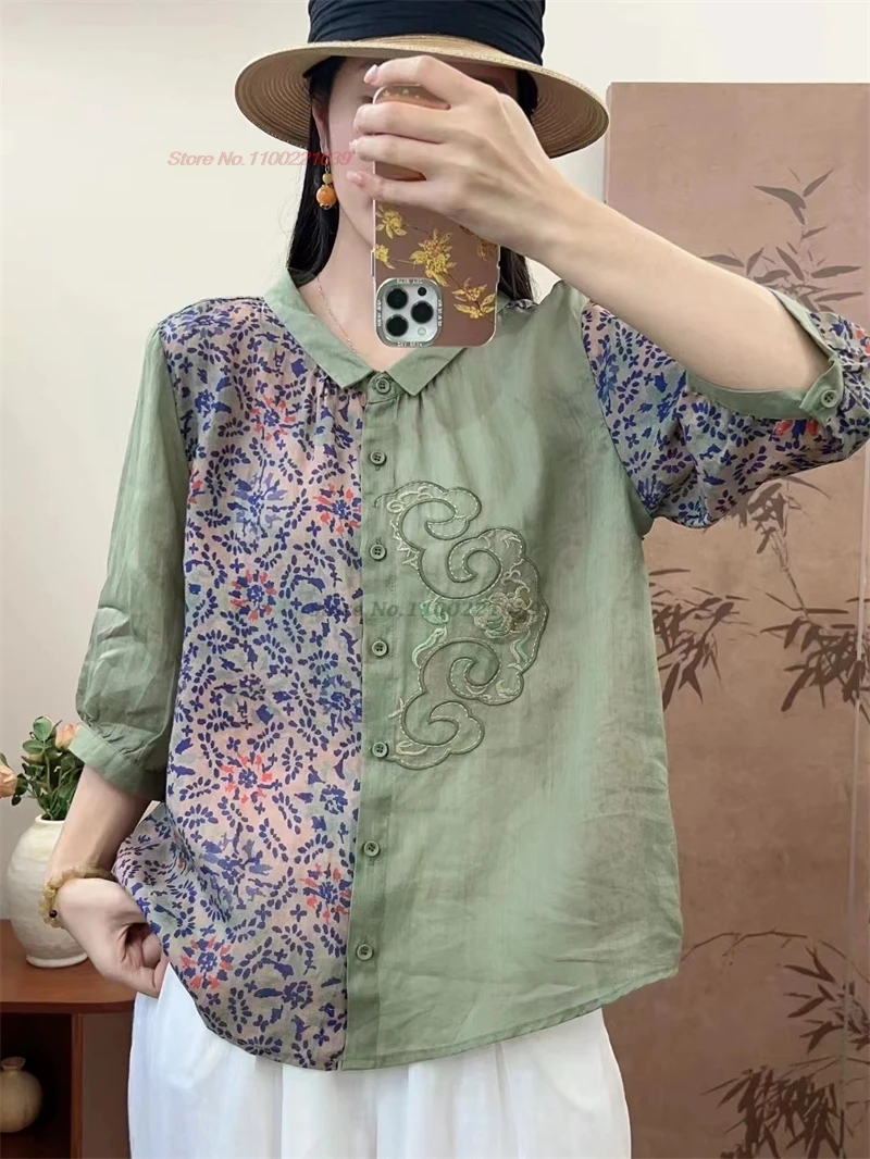 

2024 китайские винтажные Топы ханьфу, блузка в стиле пэчворк с национальным цветочным принтом и вышивкой, Восточная Этническая уличная одежда, блузка из 100% льна