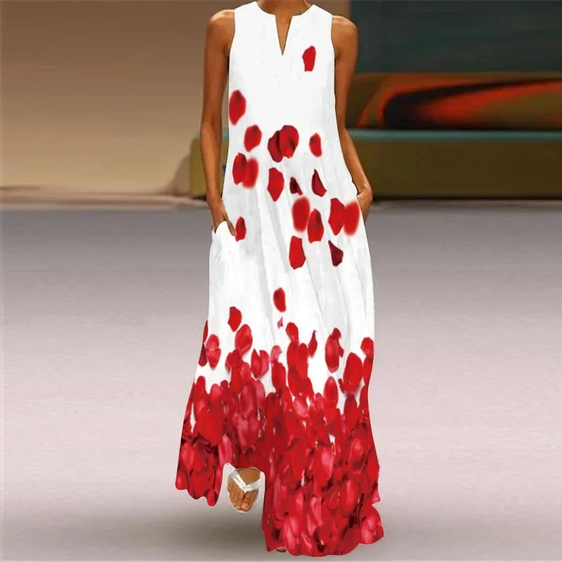 

Hot selling 3D petal print white and red flower V-neck sleeveless ankle-length dress in Europe and America