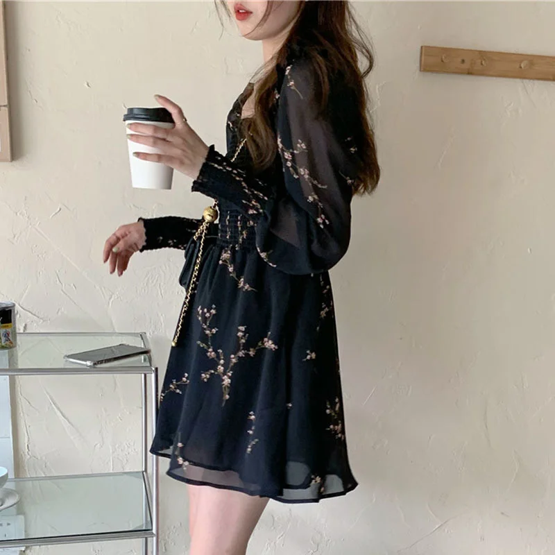 Women Sexy Black Chiffon Dress Spring Vintage Flower Long