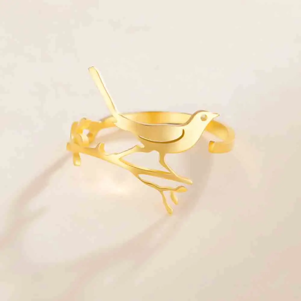 My Shape Bird and Branch Animal Finger Ring Hummingbird Adjustable Stainless Steel Ring for Women Girls Gifts
