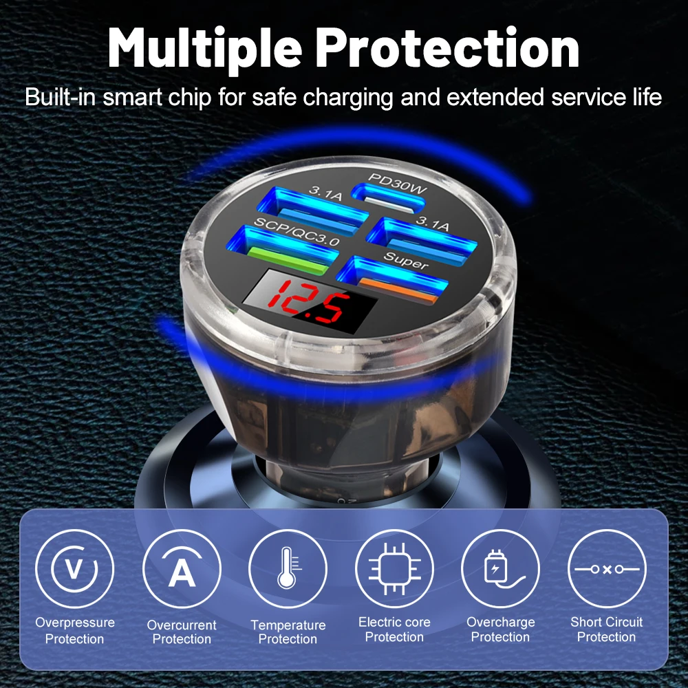 65W USB Car Charger with Digital Display PD Fast Charging 5 Ports Car Charger For Xiaomi iPhone 15 Samsung Quick Charge Adapter