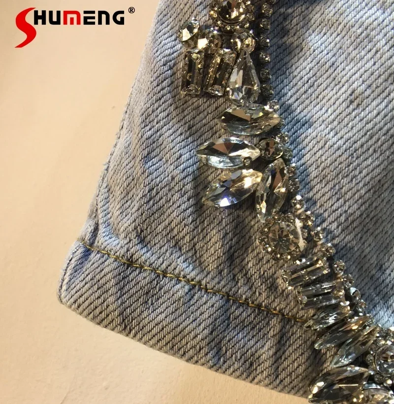 2022 Summer Exquisite Rhinestone Love Blue Denim Shorts Women Elastic High Waist Loose Slimming Wide-Leg Jeans Shorts Hot Pants