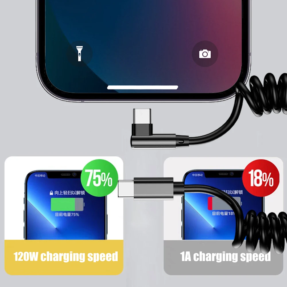 High-Power Coiled USB-C to C 90° Right Angle Quick Charge Data Cable