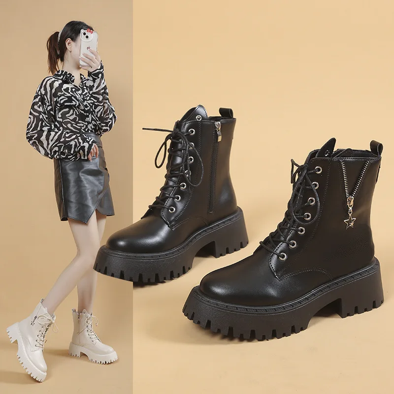 Chunky Platform Gothic Boots Women Punk Style Chain Thick Sole Ankle Booties Woman Lace Up Pu Leather Combat Boots 42