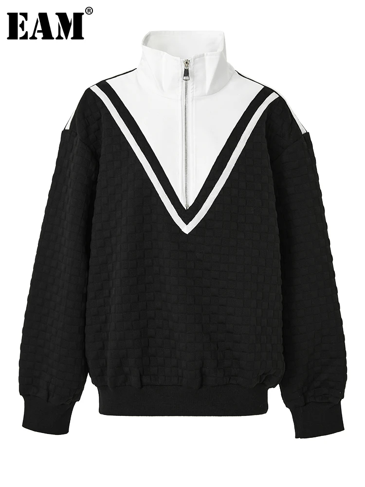 

[EAM] Loose Fit Black Color-block Sweatshirt New Stand Neck Long Sleeve Women Big Size Fashion Tide Spring Autumn 2023 1DF8057