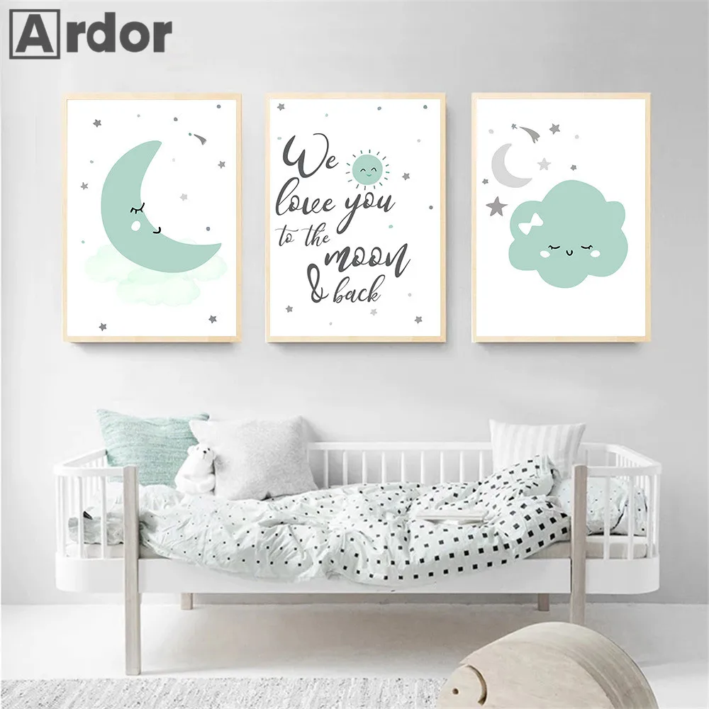 

Star Sun Art Green Cloud Moon Canvas Print Painting Nursery Wall Art Poster Child Prints Nordic Wall Pictures Baby Room Decor