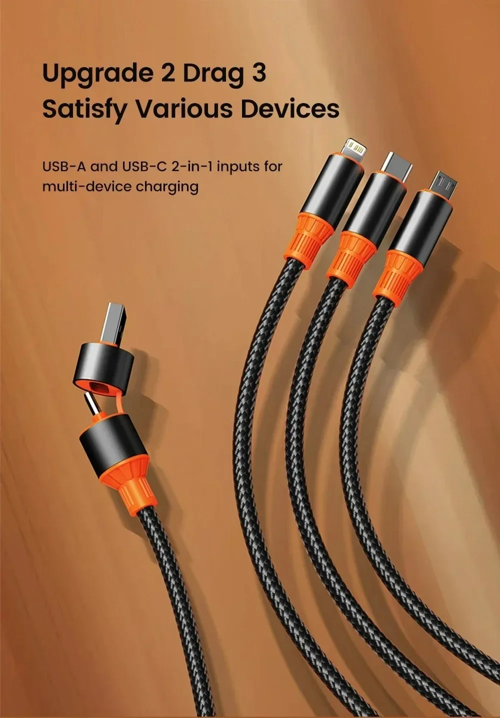 3 in 1 USB Braided Cable Type C Cord Line Fast Charging Mobile Phone USB C Data Cable For iPhone 15 Pro Samsung Xiaomi Huawei