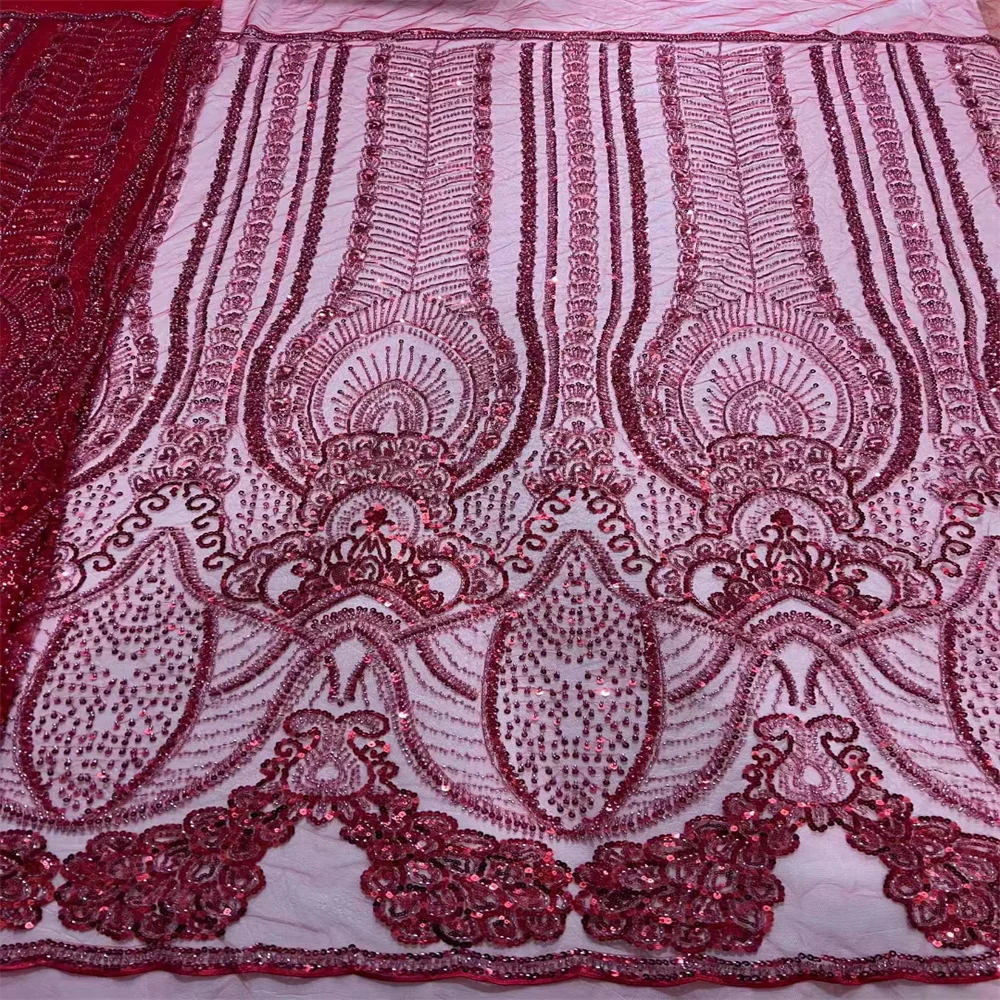 

Tulle Net African Lace Fabric Beaded Lace 2023 High Quality Red Nigeria Sequin Fabrics for Wedding Evening Dress Sew cd-0215