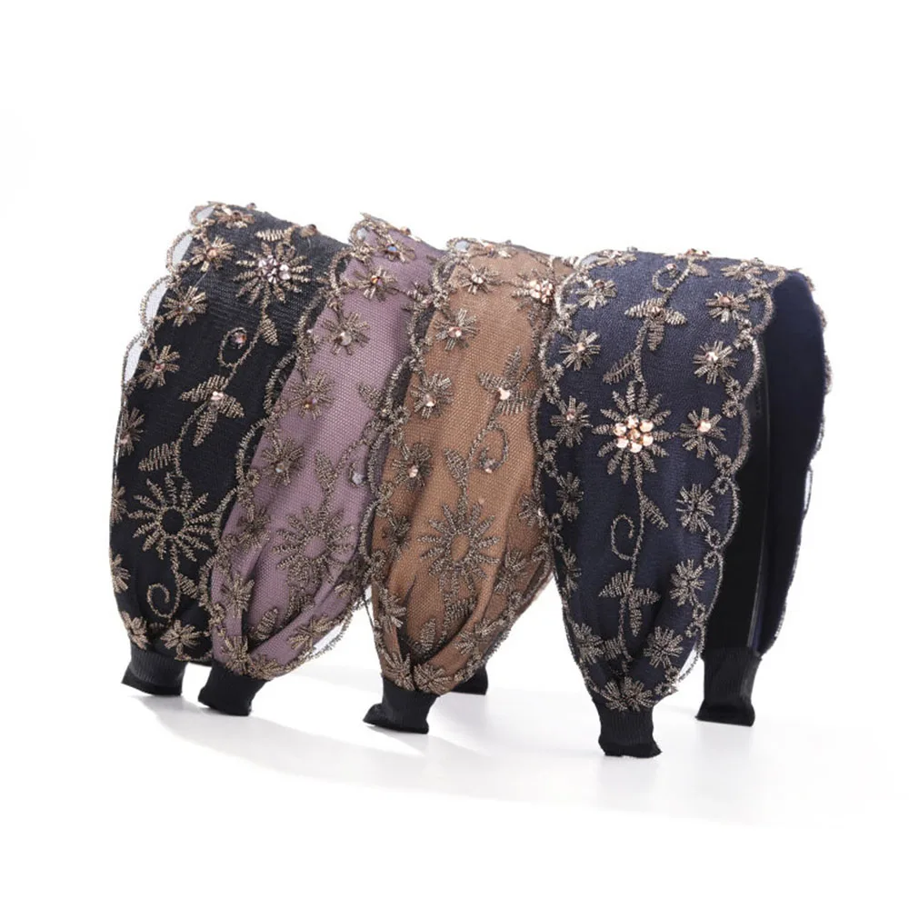 

Temperament Trendy Lace Women Retro Wide edge headband Embroidery hairband Crystal Flower headwear