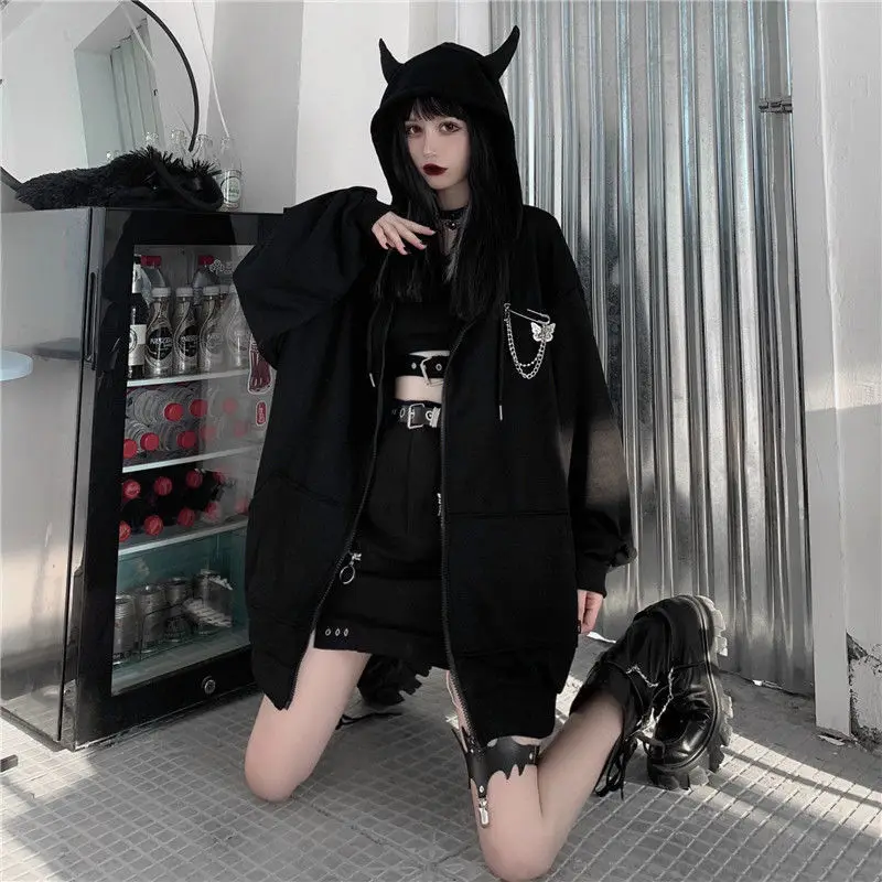 Japanese Zip Up Hoodie Zipper Women Harajuku Punk Gothic Sweatshirt Little  Monster Black Jacket Coat Streetwear Alt Emo Clothes - AliExpress