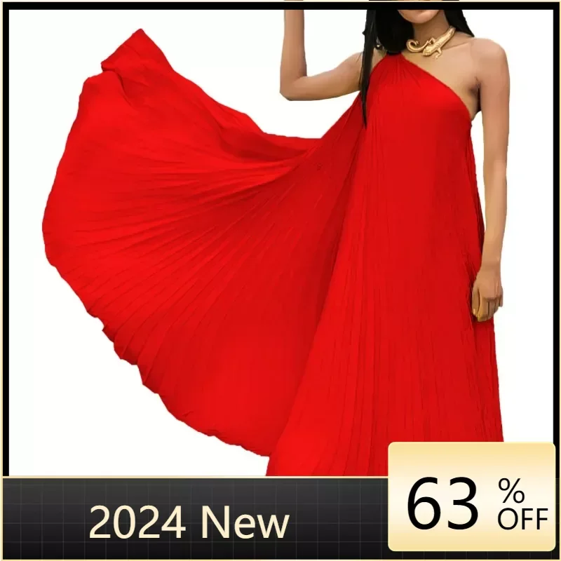 Fashion Women One Shoulder Pleated Sleeveless Big Swing Straight Dress 2024 Vintage Party Cocktail Evening Dresses sexy pleated dresses for women spaghetti strap v neck sleeveless backless straight ankle length elegant birthday party dress