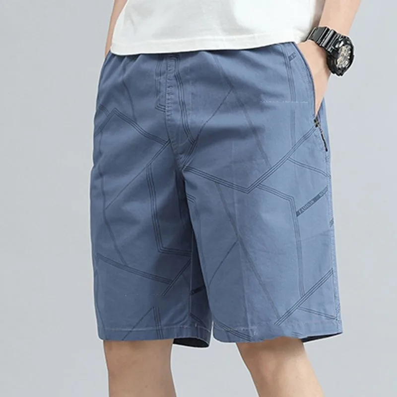 Minimalist and Fashion Korean Summer Pinstripe Geometric Men's Elastic Waist Zipper Pocket Casual Loose Knee Length Shorts