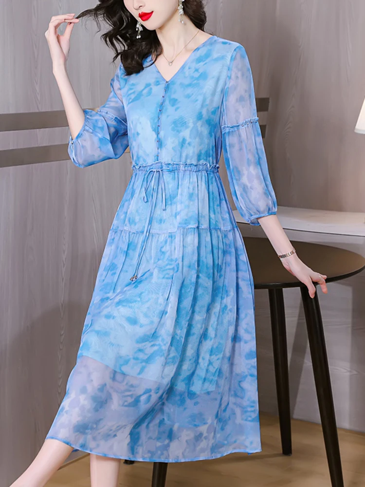 

Women Luxury Silk Bandage Bodycon Evening Dress 2024 Summer New V-neck Vintage Elegant Casual Dress Holiday Boho Beach Long Prom