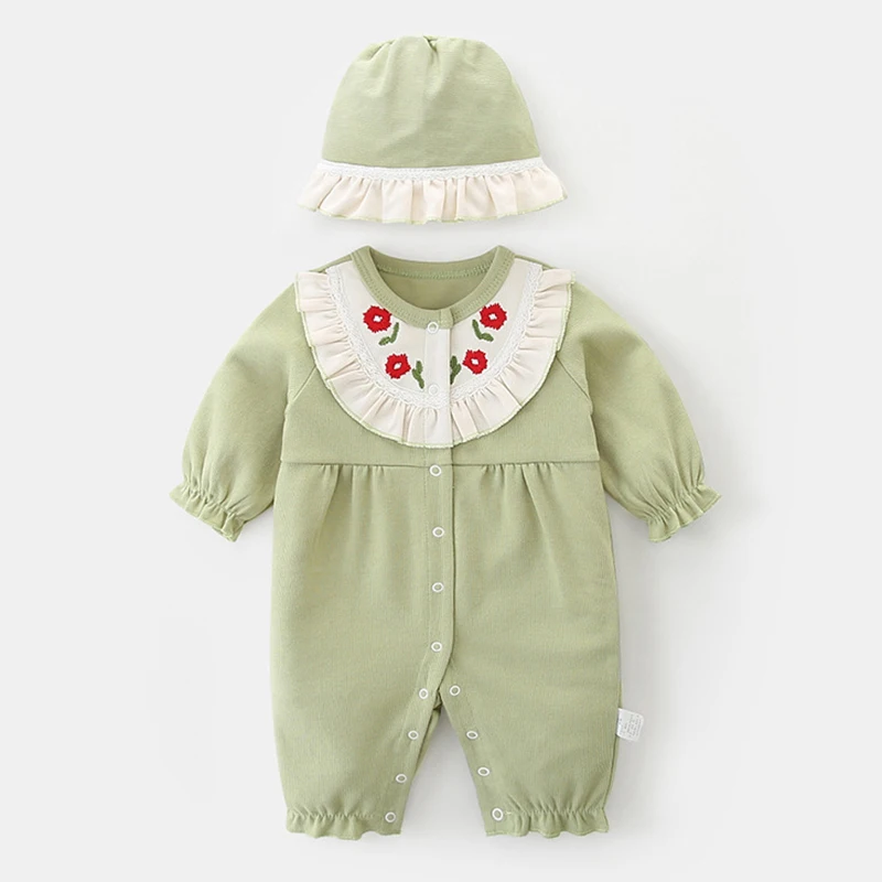

Spring Autumn Infant Baby Girls Jumpsuit+Hat Cotton Long Sleeve Flower Embroidery Toddler Baby Girl Romper Baby Girl Clothing