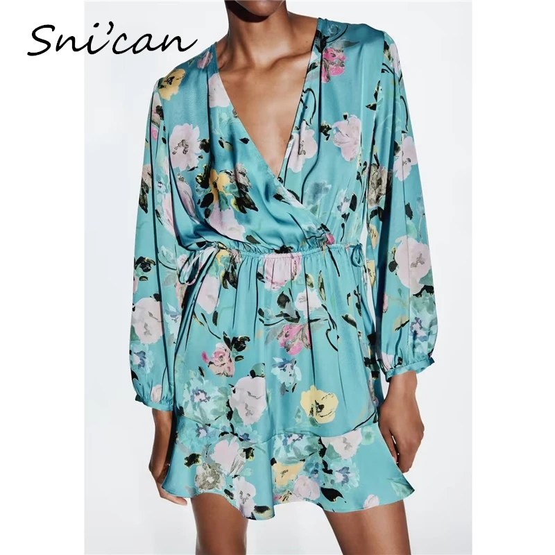 

Blue Flower Print Short Dress Women Fashion Spring V Neck Long Sleeve Draw String Waist Oversize Casual Robe Femme Vestidos New
