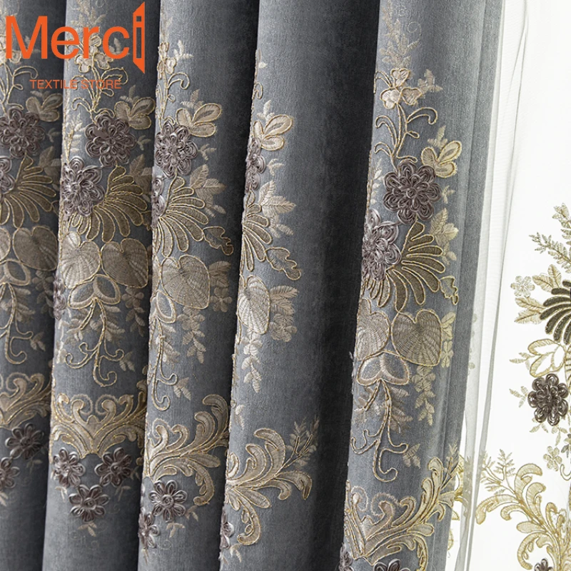 

European High-end Embroidery Luxury Atmospheric Shading Curtain Finished Custom Chenille Curtains for Living Dining Room Bedroom