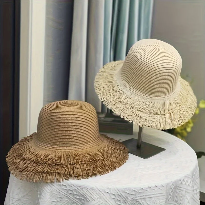 

2024 New Personalized Three-layer Raw Hem Sun Hat Solid Color Wide Brim Straw Hats Spring Summer Women's Sunshade Beach Hats