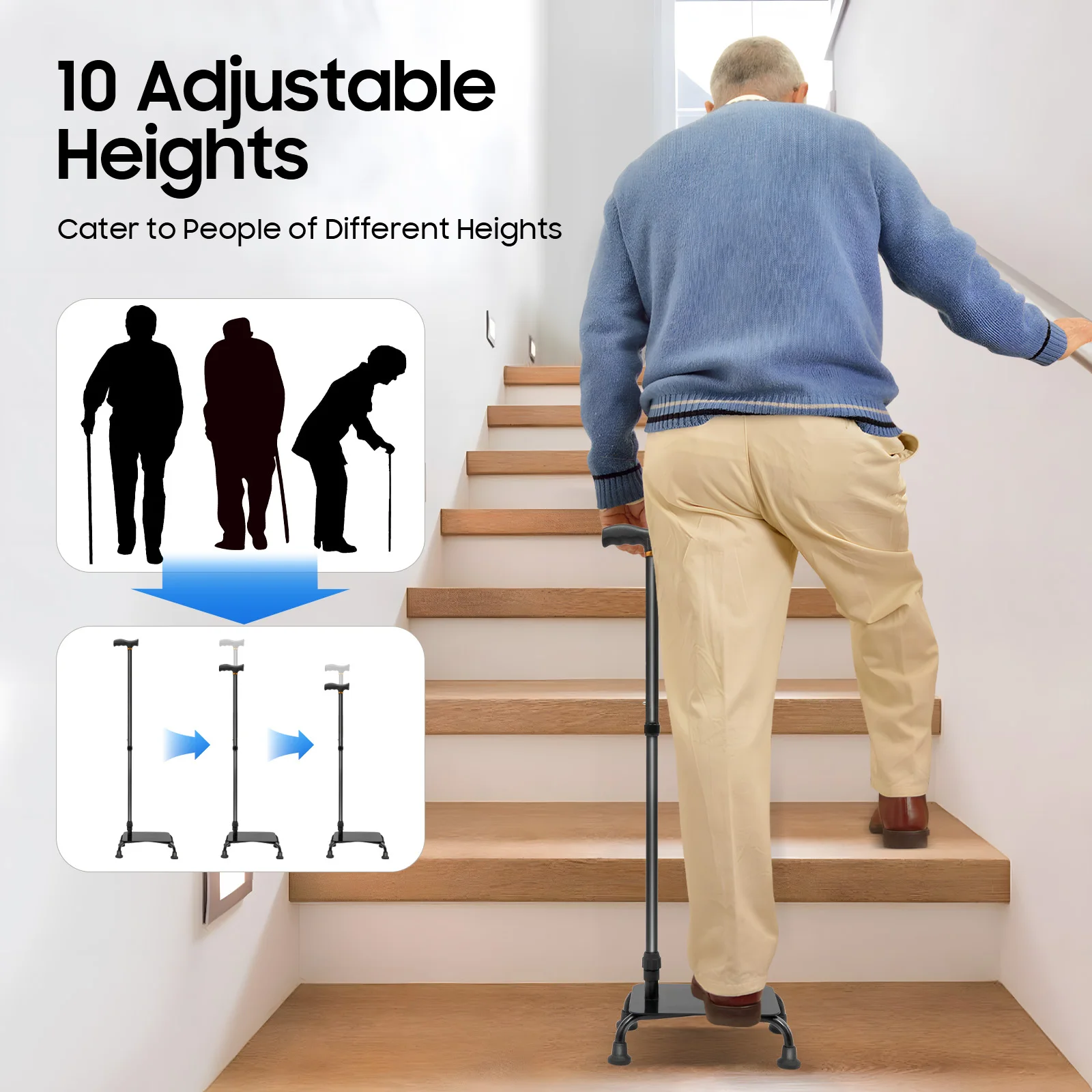 Adjustable Walking Stick, Stair Climbing Assist Cane for Elderly Disabled, Mobility Aid with Pedal for Stairs Hip Knee Pain