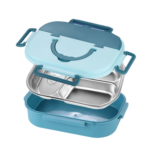 Boîte à lunch en acier inoxydable 304 à double couche avec cuillère et fourchette, bol en matériaux respectueux de l'environnement et sans danger pour les aliments avec poignée pour les enfants 3