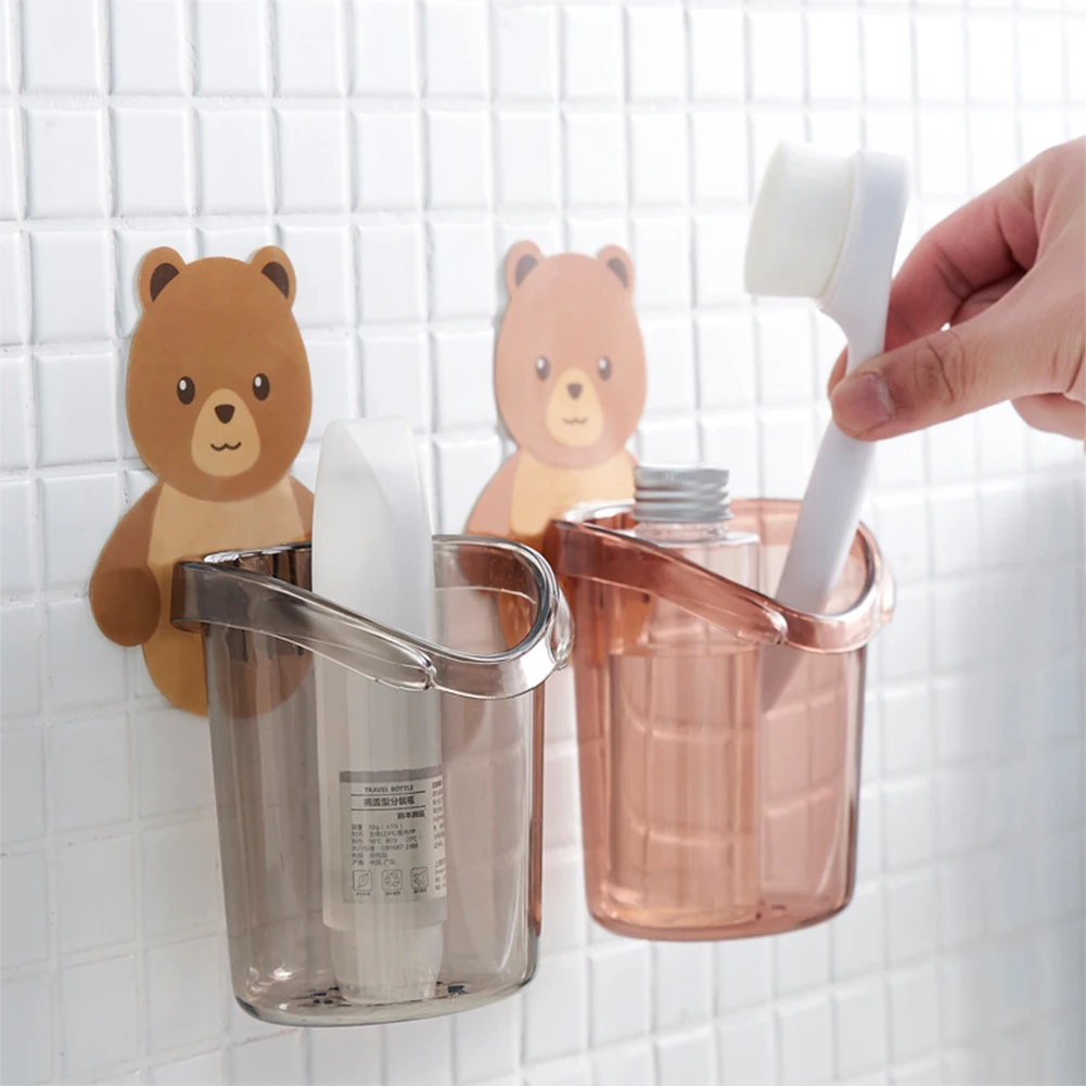 1pc Bear Storage Cup Wall Mount Toothbrush Toothpaste Cup Holder Case Bathroom Accessories