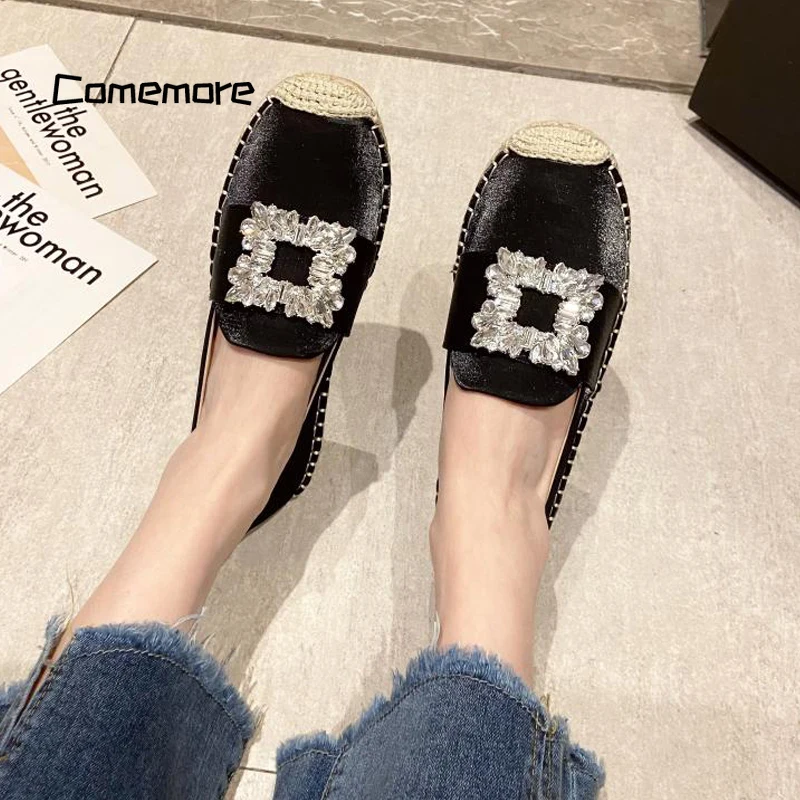 Comemore Woman Crystal Buckle Loafers Ladies Design Elegant Slip-on Fishman Shoes Luxury Satin Silk Espadrille Moccasins Size 43
