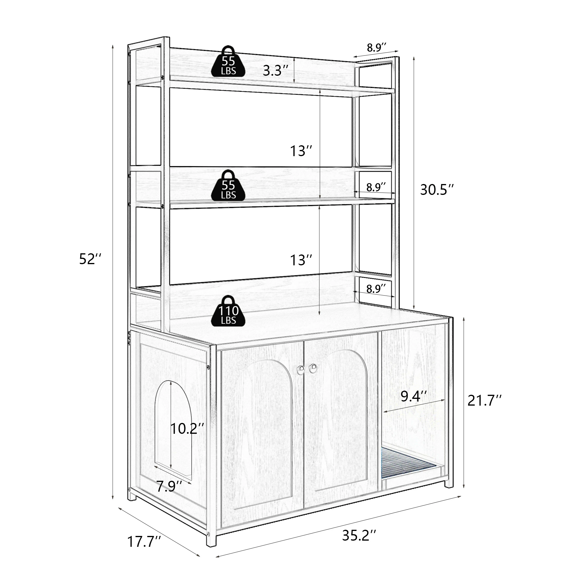 Cat Litter Box Enclosure 2-Tier Display Storage Shelves Wooden Cat House Washroom Metal Frame Cabinet Furniture