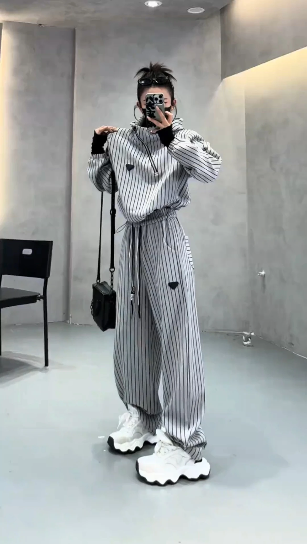 Women's Stripe Casual Sportswear Set 2025 Spring Autumn Loose Slimming Hoodie Wide Leg Pants Two Piece Trendy Outfit